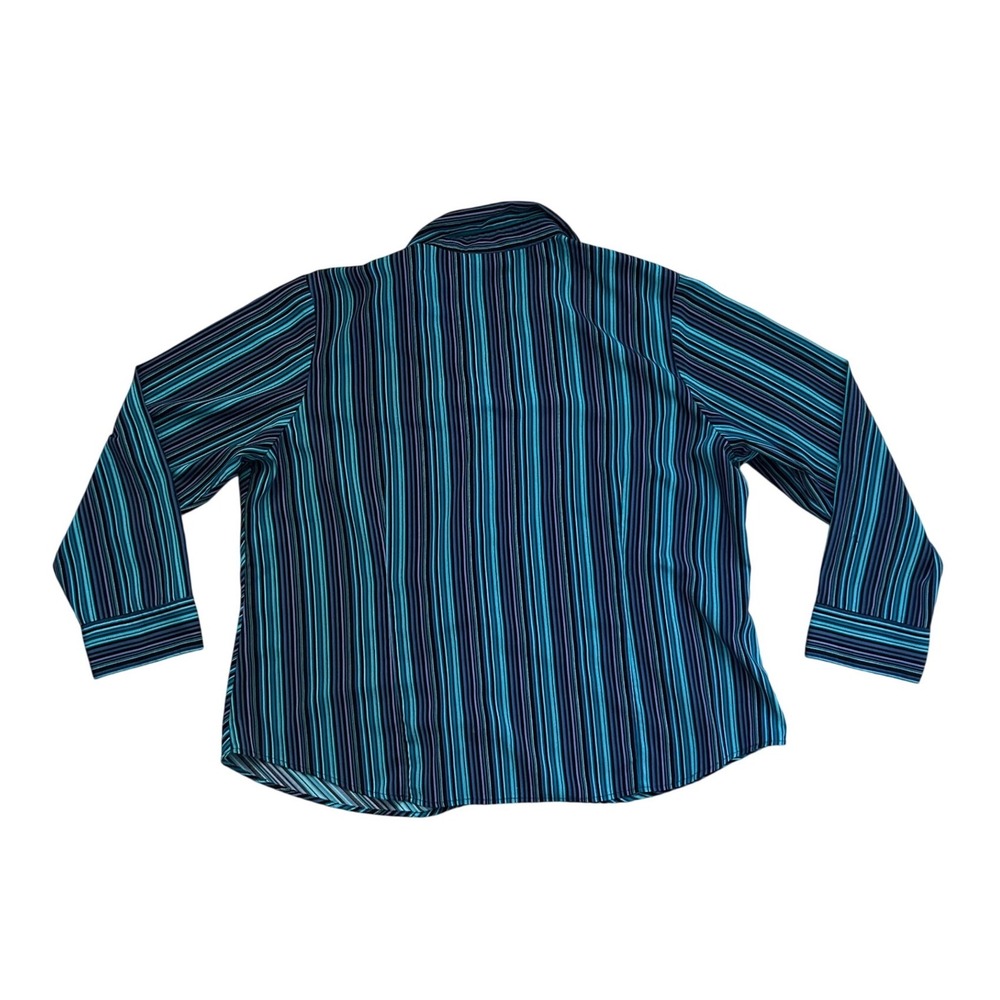 Vintage Ninety 3X Teal Blue‎ Striped Button Up Long Sleeve Blouse  preppy office - Picture 2 of 6